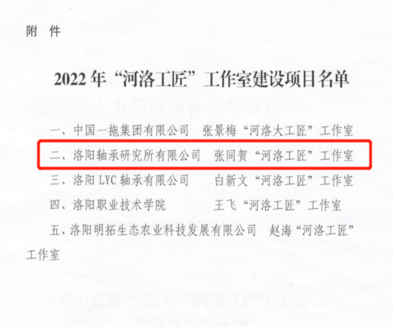 公司张同贺“河洛工匠”事情室建设项目获洛阳市批准-洛阳轴承
